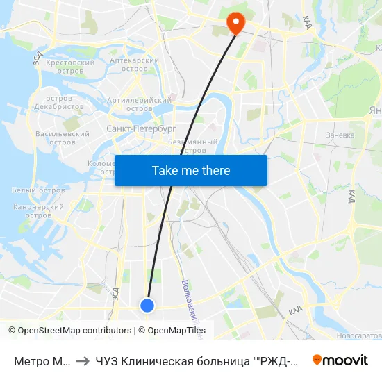 Метро Московская to ЧУЗ Клиническая больница ""РЖД-Медицина"" города Санкт-Петербург map
