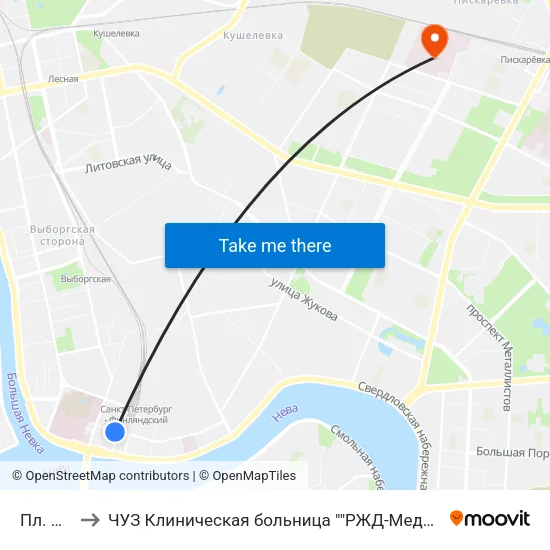 Пл. Ленина to ЧУЗ Клиническая больница ""РЖД-Медицина"" города Санкт-Петербург map