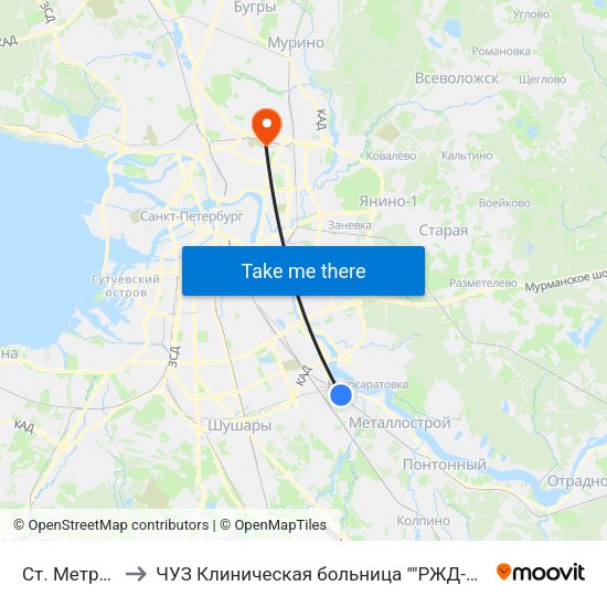 Ст. Метро Рыбацкое to ЧУЗ Клиническая больница ""РЖД-Медицина"" города Санкт-Петербург map