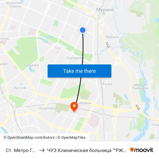 Ст. Метро Гражданский Пр. to ЧУЗ Клиническая больница ""РЖД-Медицина"" города Санкт-Петербург map