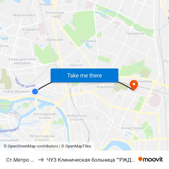 Ст.Метро Чёрная Речка to ЧУЗ Клиническая больница ""РЖД-Медицина"" города Санкт-Петербург map