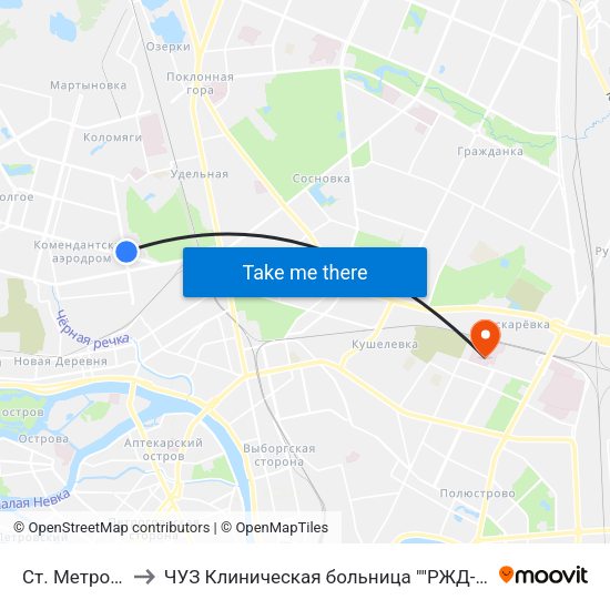 Ст. Метро Пионерская to ЧУЗ Клиническая больница ""РЖД-Медицина"" города Санкт-Петербург map