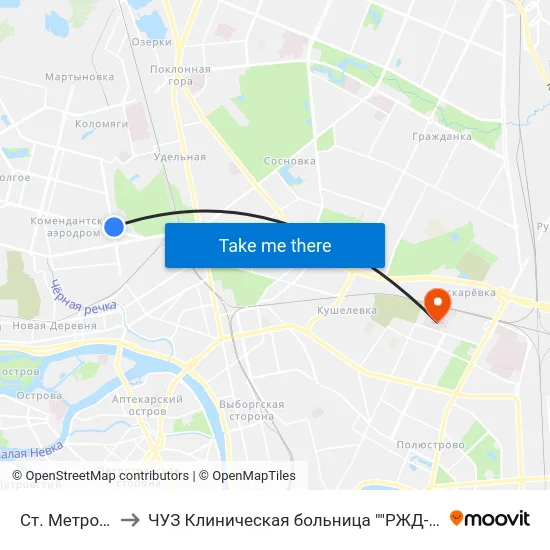 Ст. Метро Пионерская to ЧУЗ Клиническая больница ""РЖД-Медицина"" города Санкт-Петербург map