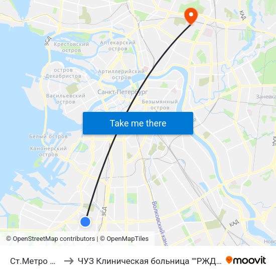 Ст.Метро Ленинский Пр. to ЧУЗ Клиническая больница ""РЖД-Медицина"" города Санкт-Петербург map