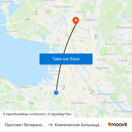 Проспект Ветеранов (Prospekt Veteranov) to Клиническая больница №122 имени Л.Г. Соколова map