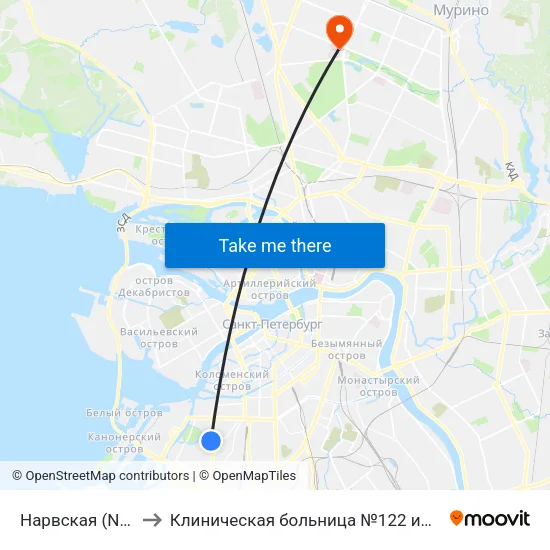 Нарвская (Narvskaya) to Клиническая больница №122 имени Л.Г. Соколова map