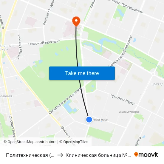 Политехническая (Politekhnicheskaya) to Клиническая больница №122 имени Л.Г. Соколова map