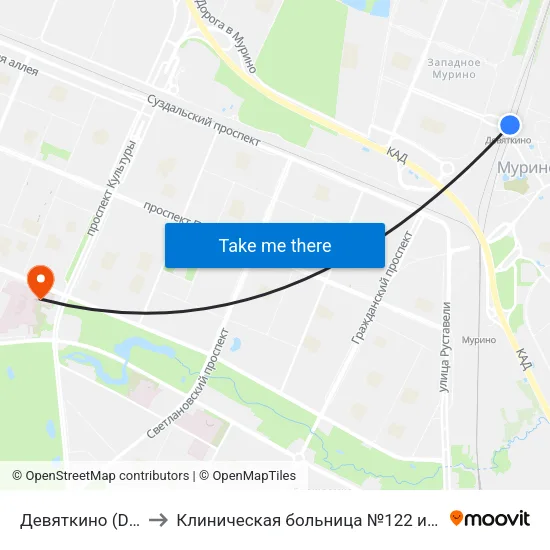 Девяткино (Devyatkino) to Клиническая больница №122 имени Л.Г. Соколова map