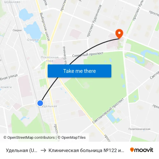Удельная (Udel'Naya) to Клиническая больница №122 имени Л.Г. Соколова map