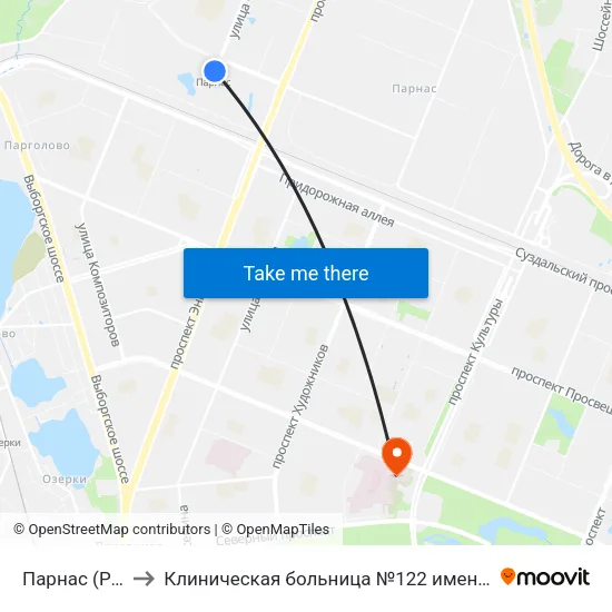 Парнас (Parnas) to Клиническая больница №122 имени Л.Г. Соколова map