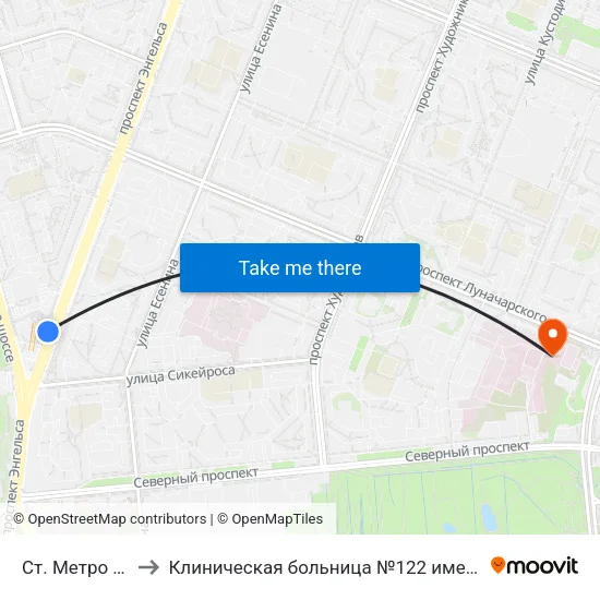 Ст. Метро Озерки to Клиническая больница №122 имени Л.Г. Соколова map