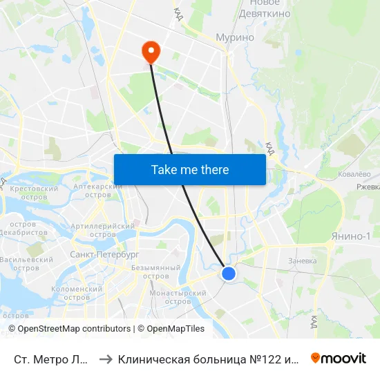Ст. Метро Ладожская to Клиническая больница №122 имени Л.Г. Соколова map