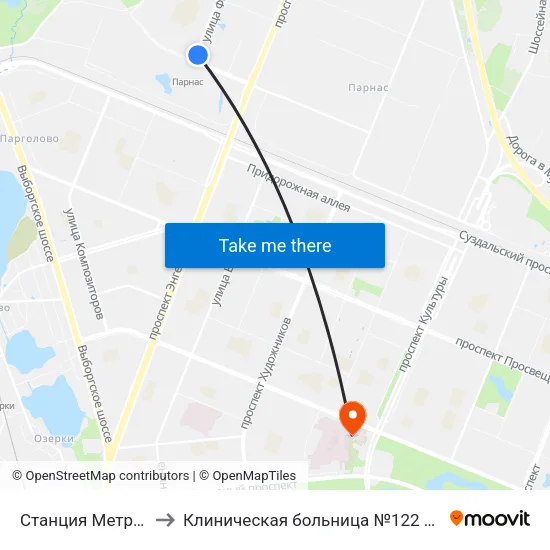 Станция Метро «Парнас» to Клиническая больница №122 имени Л.Г. Соколова map