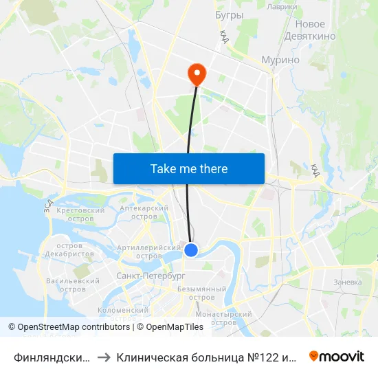 Финляндский Вокзал to Клиническая больница №122 имени Л.Г. Соколова map