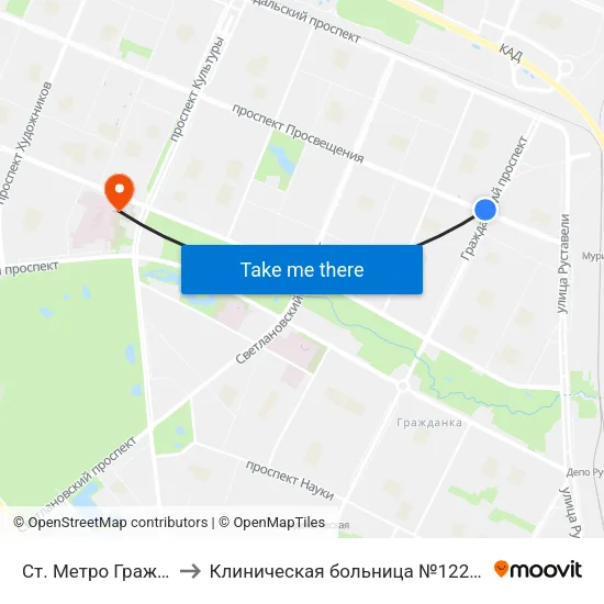 Ст. Метро Гражданский Пр. to Клиническая больница №122 имени Л.Г. Соколова map