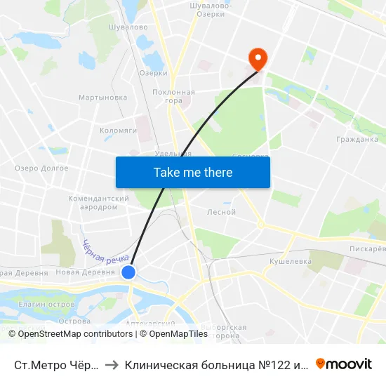 Ст.Метро Чёрная Речка to Клиническая больница №122 имени Л.Г. Соколова map