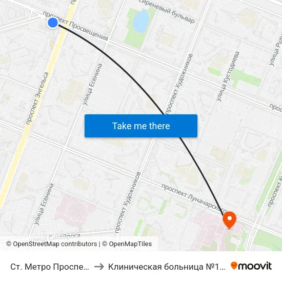 Ст. Метро Проспект Просвещения to Клиническая больница №122 имени Л.Г. Соколова map