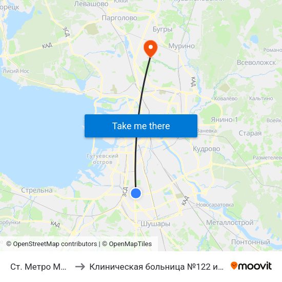 Ст. Метро Московская to Клиническая больница №122 имени Л.Г. Соколова map