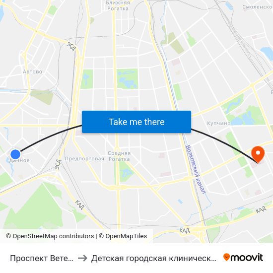 Проспект Ветеранов (Prospekt Veteranov) to Детская городская клиническая больница №5 имени Нила Фёдоровича Филатова map