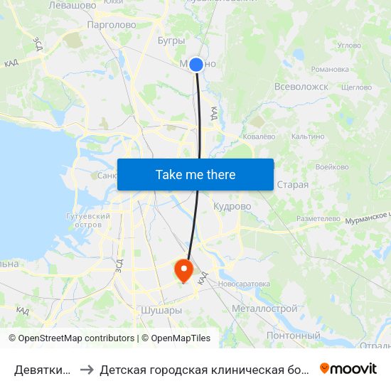 Девяткино (Devyatkino) to Детская городская клиническая больница №5 имени Нила Фёдоровича Филатова map