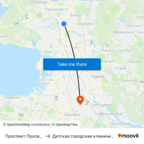 Проспект Просвещения (Prospekt Prosveschenya) to Детская городская клиническая больница №5 имени Нила Фёдоровича Филатова map