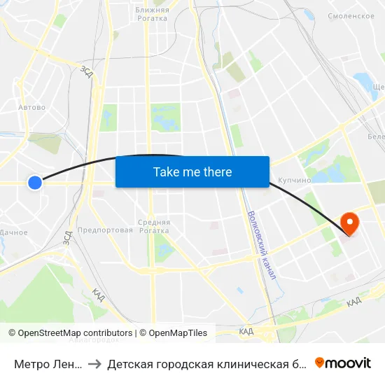 Метро Ленинский Проспект to Детская городская клиническая больница №5 имени Нила Фёдоровича Филатова map
