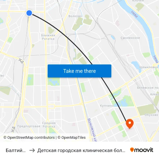 Балтийский Вокзал to Детская городская клиническая больница №5 имени Нила Фёдоровича Филатова map