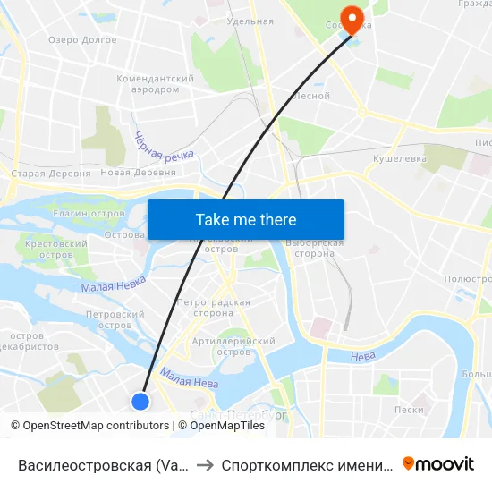Василеостровская (Vasileostrovskaya) to Спорткомплекс имени В.И. Алексеева map
