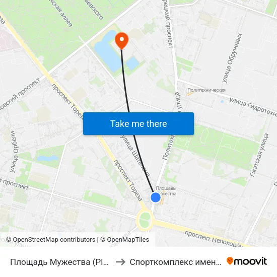 Площадь Мужества (Ploschad' Muzhestva) to Спорткомплекс имени В.И. Алексеева map