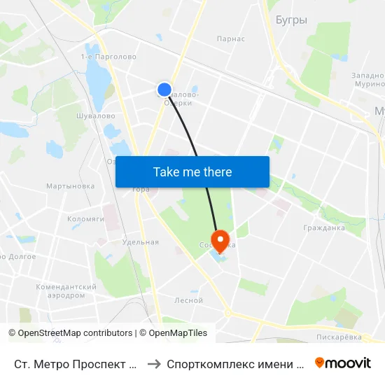 Ст. Метро Проспект Просвещения to Спорткомплекс имени В.И. Алексеева map