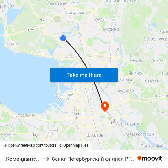Комендантский Пр. 54 to Санкт-Петербургский филиал РТА имени В.Б. Бобкова map