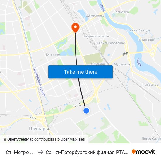 Ст. Метро Шушары to Санкт-Петербургский филиал РТА имени В.Б. Бобкова map