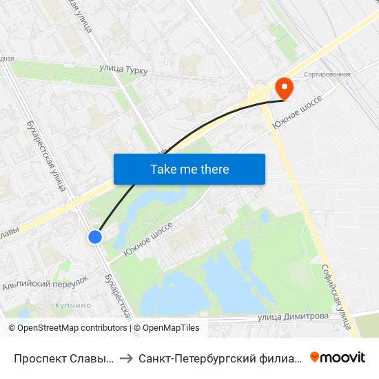 Проспект Славы (Prospekt Slavy) to Санкт-Петербургский филиал РТА имени В.Б. Бобкова map