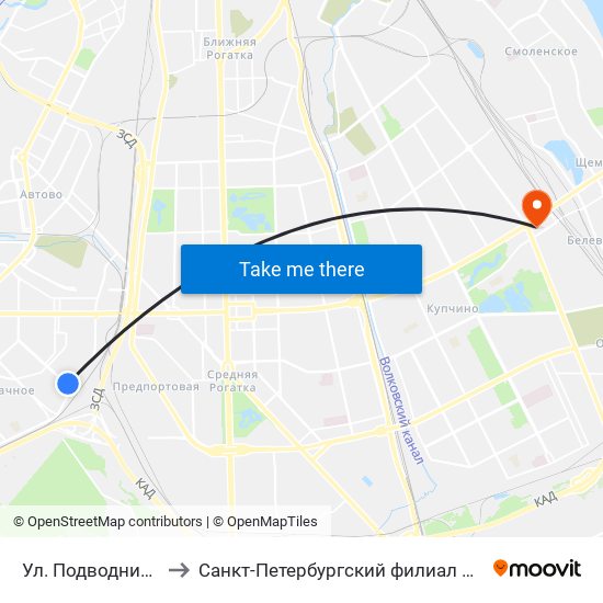 Ул. Подводника Кузьмина to Санкт-Петербургский филиал РТА имени В.Б. Бобкова map
