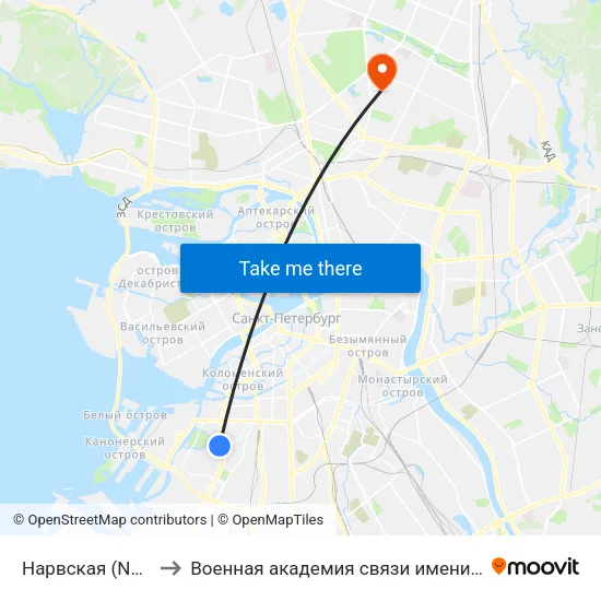 Нарвская (Narvskaya) to Военная академия связи имени С. М. Будённого map