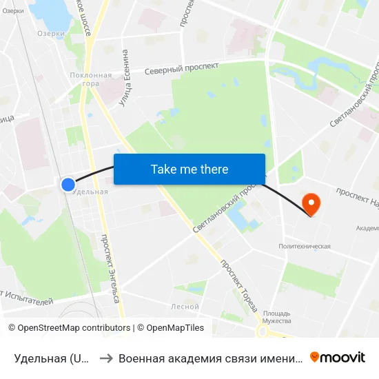 Удельная (Udel'Naya) to Военная академия связи имени С. М. Будённого map