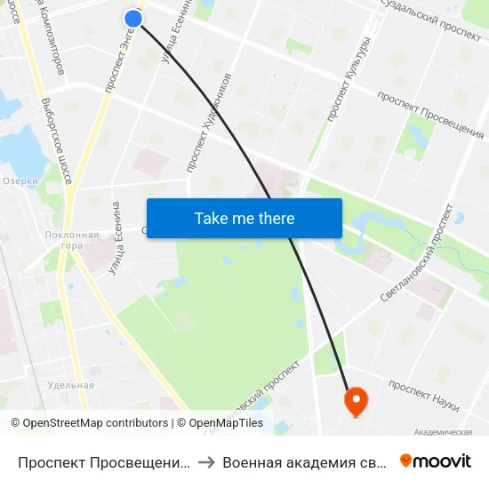Проспект Просвещения (Prospekt Prosveschenya) to Военная академия связи имени С. М. Будённого map