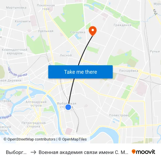 Выборгская to Военная академия связи имени С. М. Будённого map