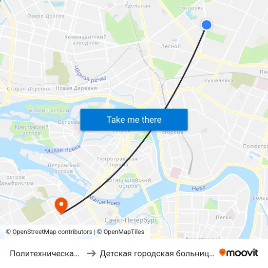 Политехническая (Politekhnicheskaya) to Детская городская больница №2 святой Марии Магдалины map