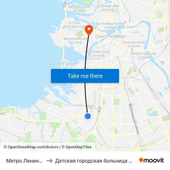 Метро Ленинский Проспект to Детская городская больница №2 святой Марии Магдалины map