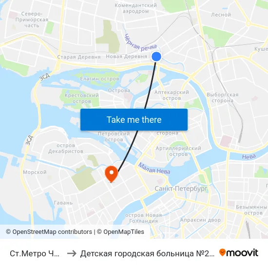 Ст.Метро Чёрная Речка to Детская городская больница №2 святой Марии Магдалины map