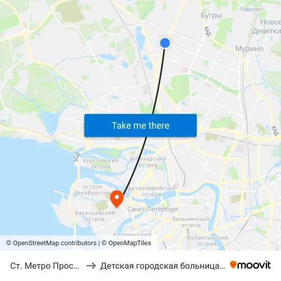 Ст. Метро Проспект Просвещения to Детская городская больница №2 святой Марии Магдалины map