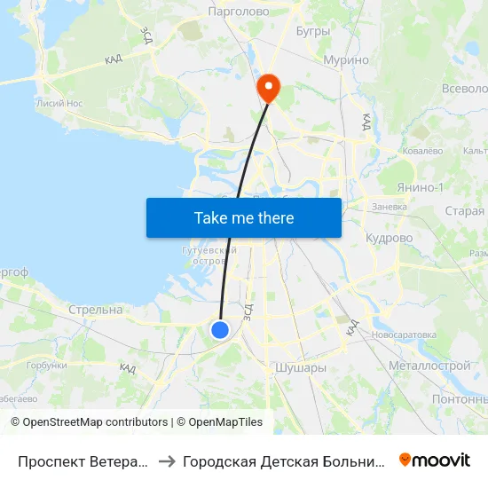 Проспект Ветеранов (Prospekt Veteranov) to Городская Детская Больница №4 имени Святой Ольги (филиал) map