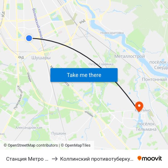 Станция Метро «Звездная» to Колпинский противотуберкулезный диспансер map