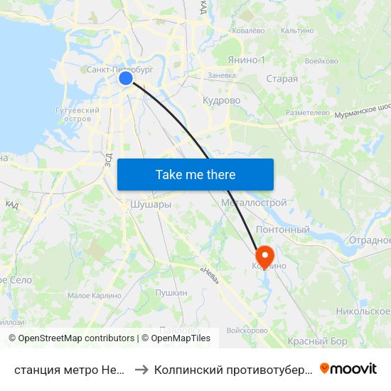 станция метро Невский Проспект to Колпинский противотуберкулезный диспансер map