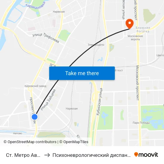 Ст. Метро Автово to Психоневрологический диспансер №8 map
