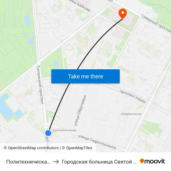 Политехническая (Politekhnicheskaya) to Городская больница Святой преподобной мученицы Елизаветы map