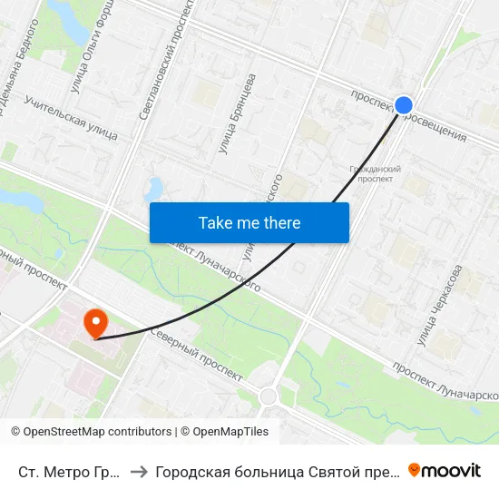 Ст. Метро Гражданский Пр. to Городская больница Святой преподобной мученицы Елизаветы map