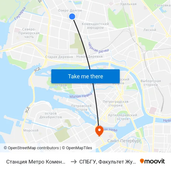 Станция Метро Комендантский Пр. to СПБГУ, Факультет Журналистики map