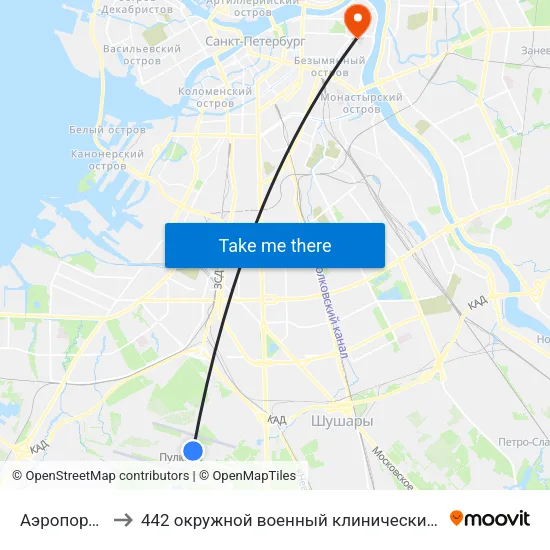 Аэропорт Пулково 1 to 442 окружной военный клинический госпиталь имени З. П. Соловьева map